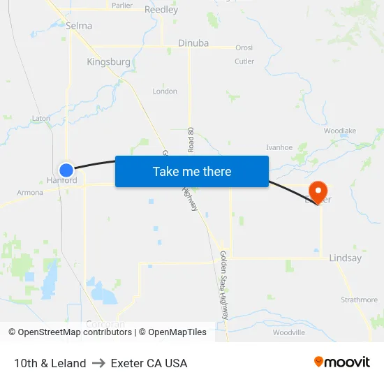 10th & Leland to Exeter CA USA map