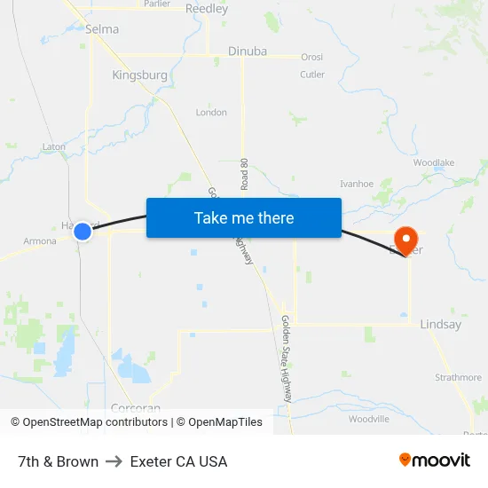 7th & Brown to Exeter CA USA map