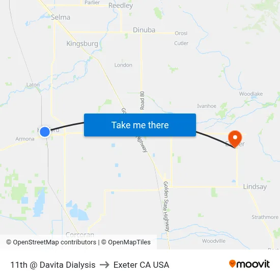 11th @ Davita Dialysis to Exeter CA USA map