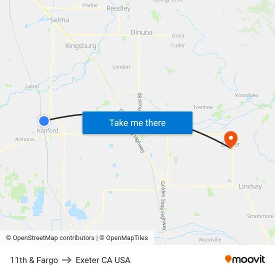 11th & Fargo to Exeter CA USA map