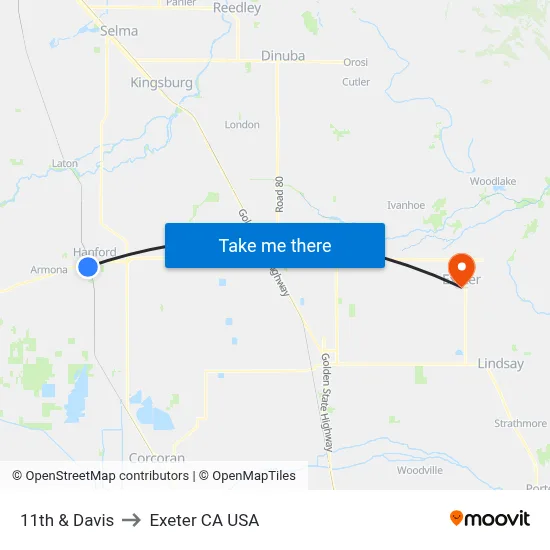 11th & Davis to Exeter CA USA map