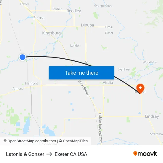 Latonia & Gonser to Exeter CA USA map