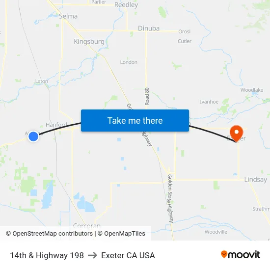 14th & Highway 198 to Exeter CA USA map