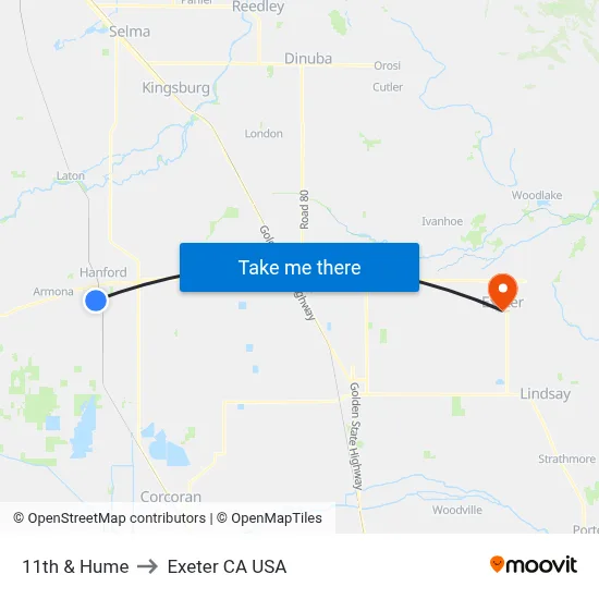 11th & Hume to Exeter CA USA map