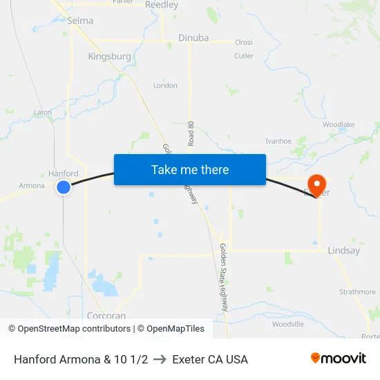 Hanford Armona & 10 1/2 to Exeter CA USA map