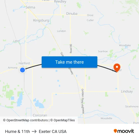 Hume & 11th to Exeter CA USA map