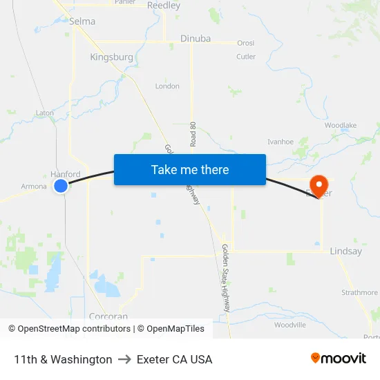 11th & Washington to Exeter CA USA map