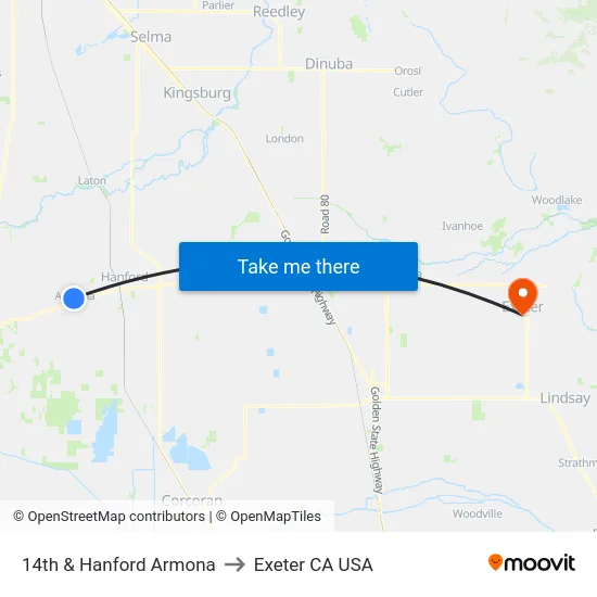 14th & Hanford Armona to Exeter CA USA map