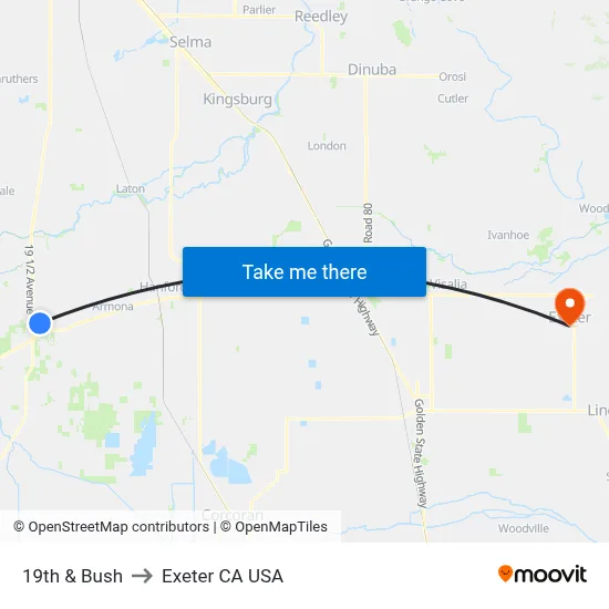 19th & Bush to Exeter CA USA map