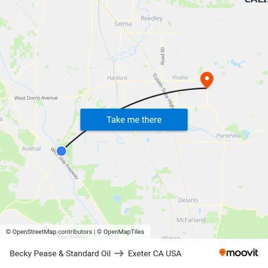 Becky Pease & Standard Oil to Exeter CA USA map