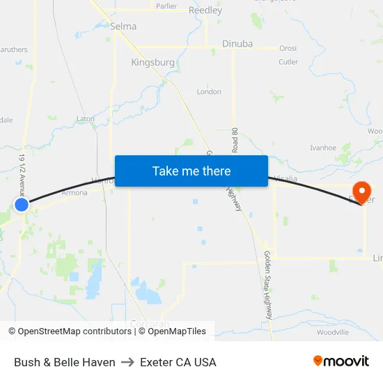 Bush & Belle Haven to Exeter CA USA map
