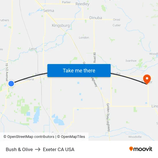 Bush & Olive to Exeter CA USA map