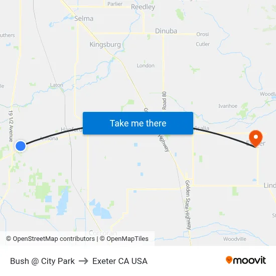 Bush @ City Park to Exeter CA USA map