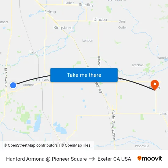 Hanford Armona @ Pioneer Square to Exeter CA USA map