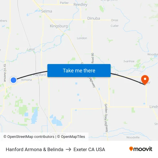 Hanford Armona & Belinda to Exeter CA USA map