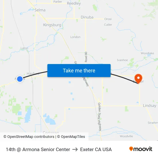 14th @ Armona Senior Center to Exeter CA USA map