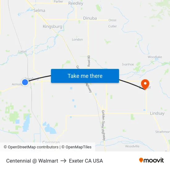 Centennial @ Walmart to Exeter CA USA map