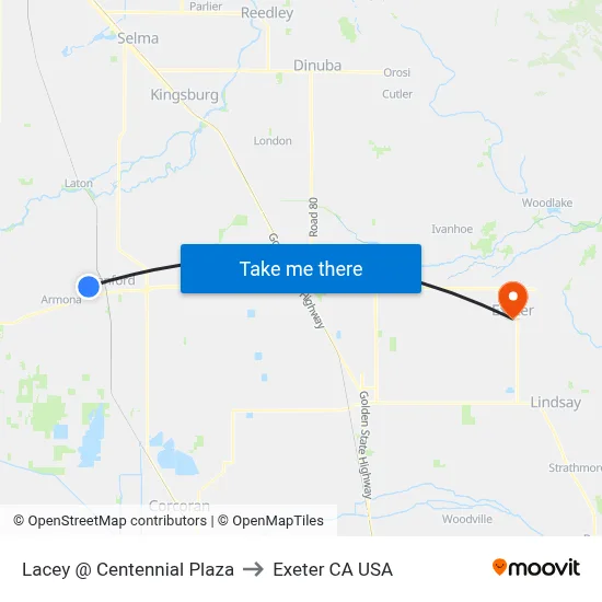 Lacey @ Centennial Plaza to Exeter CA USA map