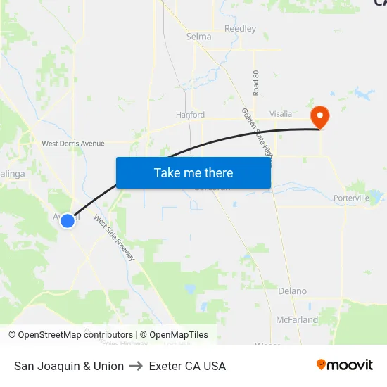 San Joaquin & Union to Exeter CA USA map