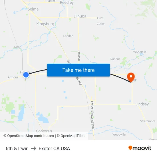 6th & Irwin to Exeter CA USA map