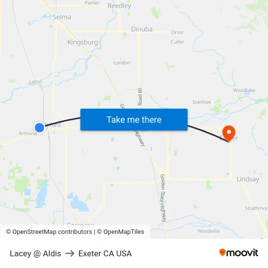 Lacey @ Aldis to Exeter CA USA map
