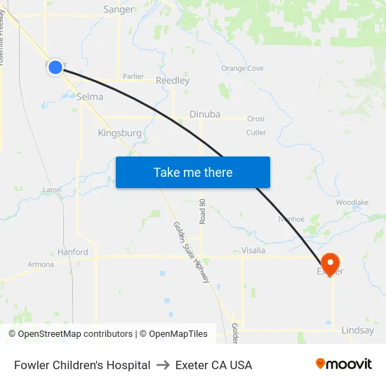 Fowler Children's Hospital to Exeter CA USA map