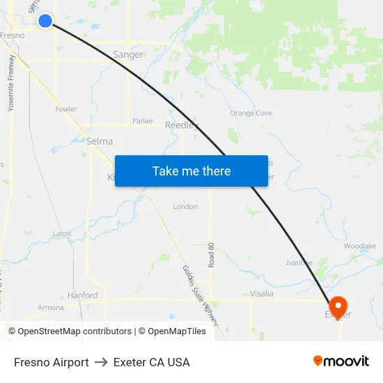 Fresno Airport to Exeter CA USA map