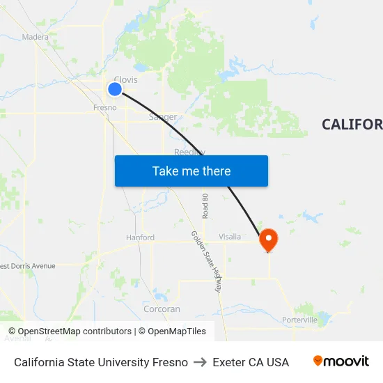 California State University Fresno to Exeter CA USA map