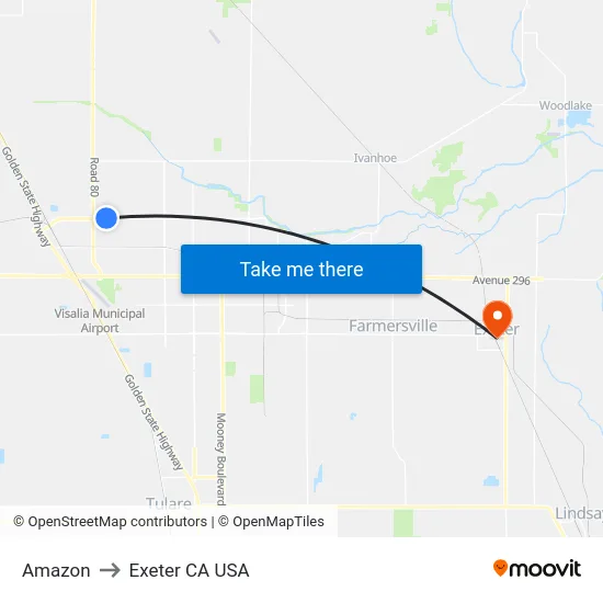 Amazon to Exeter CA USA map
