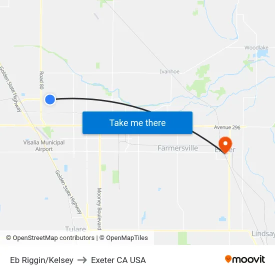 Eb Riggin/Kelsey to Exeter CA USA map