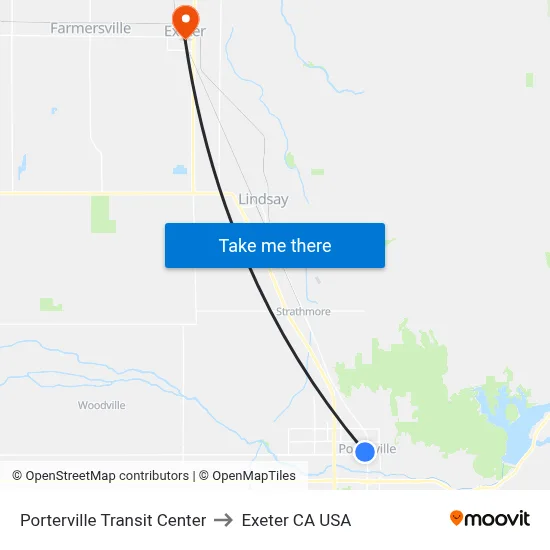 Porterville Transit Center to Exeter CA USA map