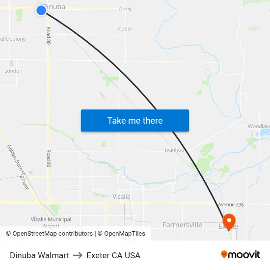 Dinuba Walmart to Exeter CA USA map