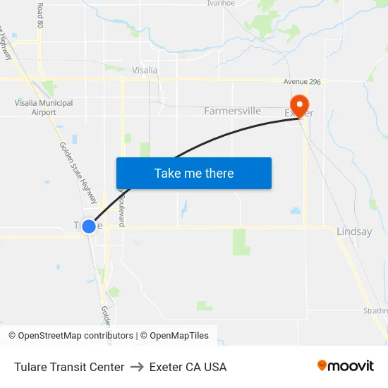 Tulare Transit Center to Exeter CA USA map
