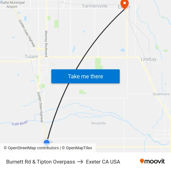 Burnett Rd & Tipton Overpass to Exeter CA USA map