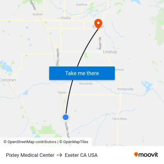 Pixley Medical Center to Exeter CA USA map
