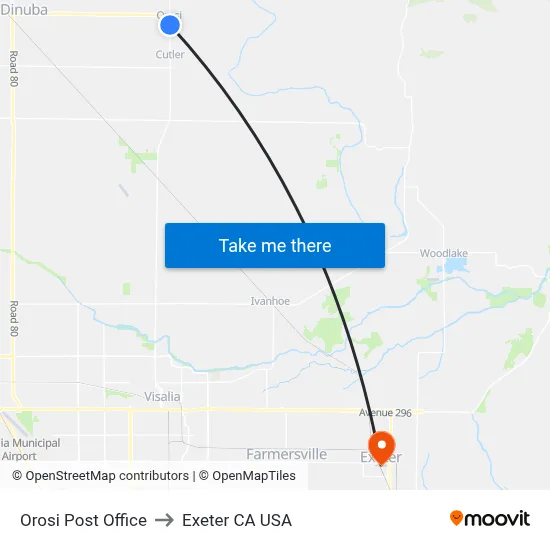 Orosi Post Office to Exeter CA USA map