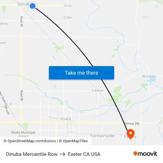 Dinuba Mercantile Row to Exeter CA USA map