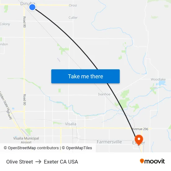 Olive Street to Exeter CA USA map