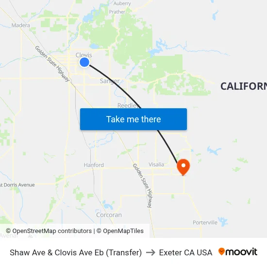 Shaw Ave & Clovis Ave Eb (Transfer) to Exeter CA USA map