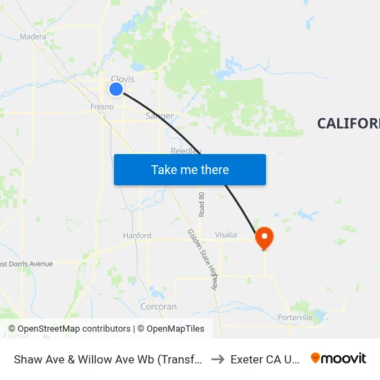 Shaw Ave & Willow Ave Wb (Transfer) to Exeter CA USA map