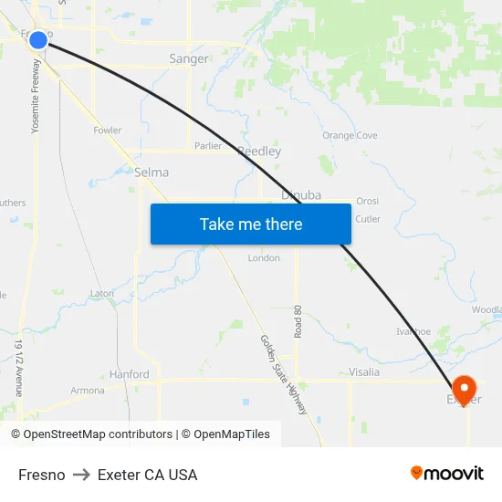 Fresno to Exeter CA USA map