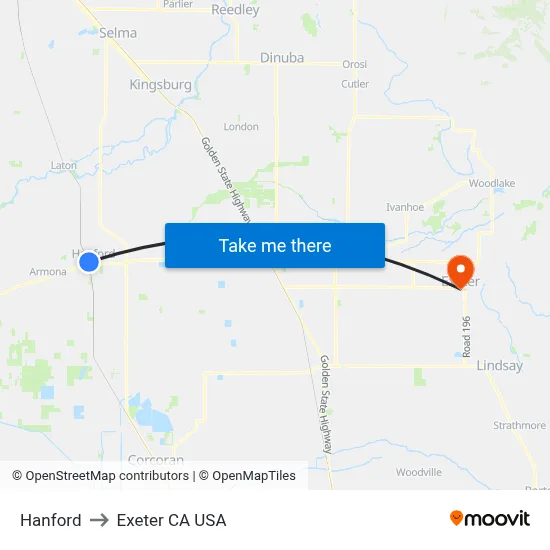 Hanford to Exeter CA USA map