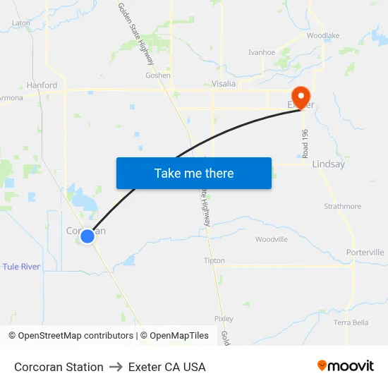Corcoran Station to Exeter CA USA map