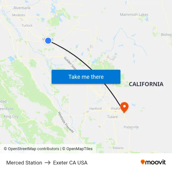 Merced Station to Exeter CA USA map