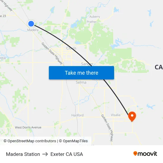 Madera Station to Exeter CA USA map