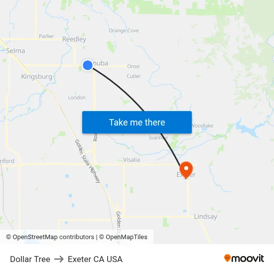 Dollar Tree to Exeter CA USA map