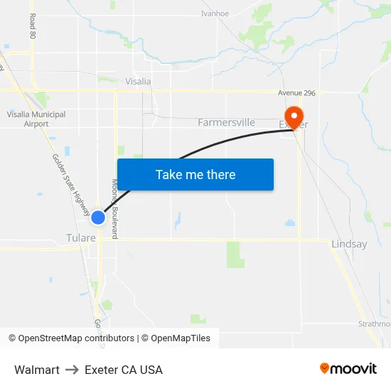 Walmart to Exeter CA USA map