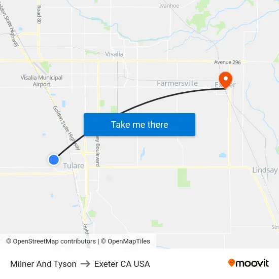 Milner And Tyson to Exeter CA USA map