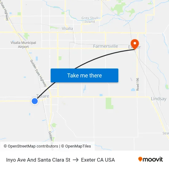 Inyo Ave And Santa Clara St to Exeter CA USA map