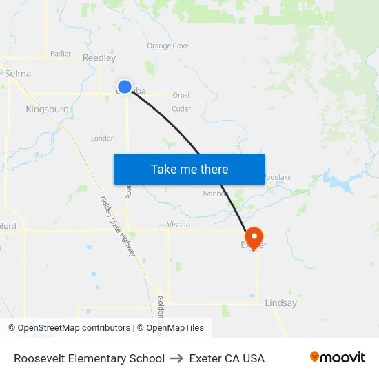 Roosevelt Elementary School to Exeter CA USA map